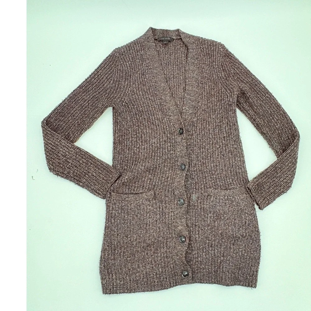 Ann Taylor Brown Marled Chunky Ribbed Longline Cardigan Sweater Wool Blend S